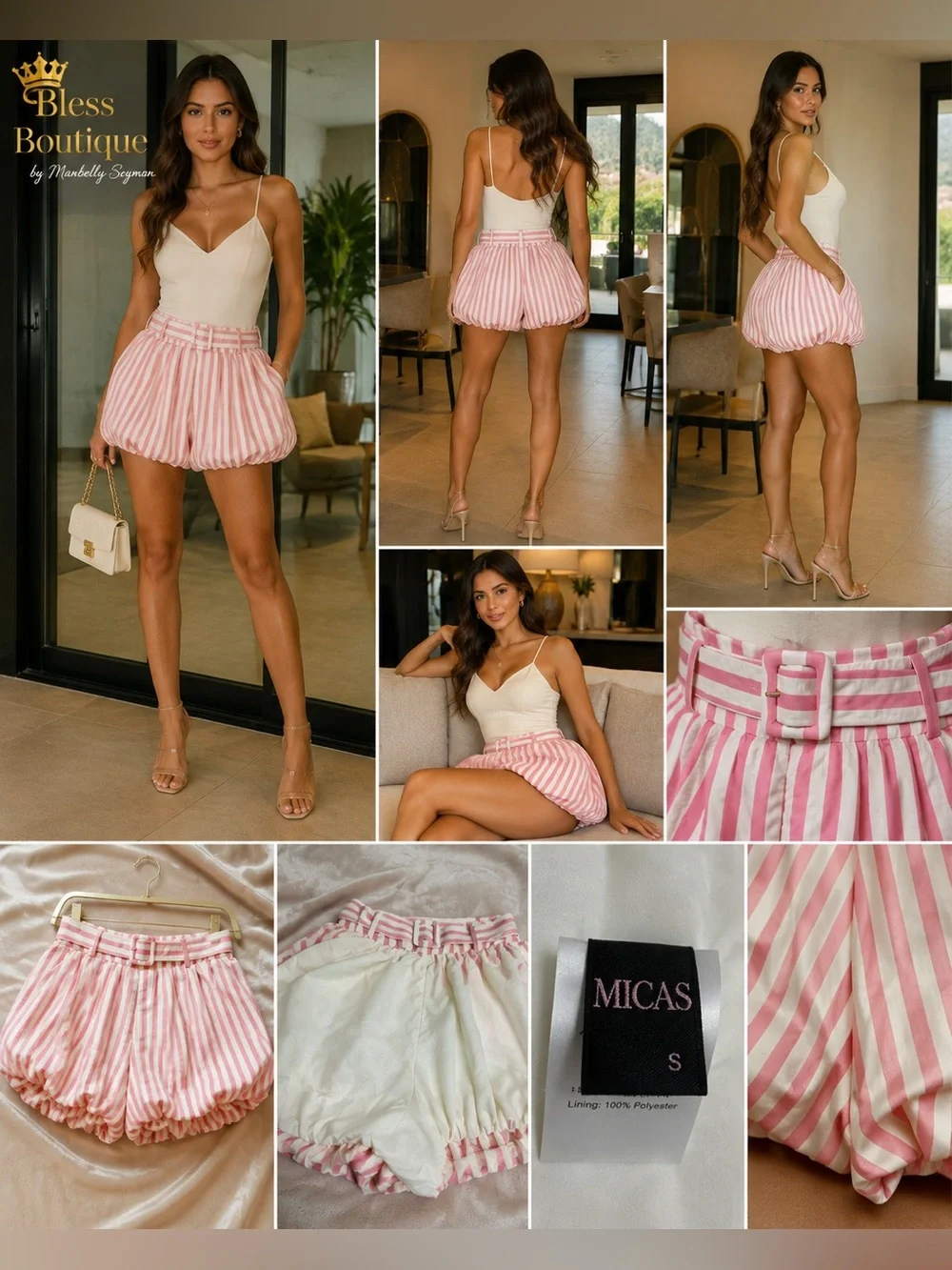 MICA’S Pink & Ivory Striped Bubble Shorts w/ Matching Belt Size S